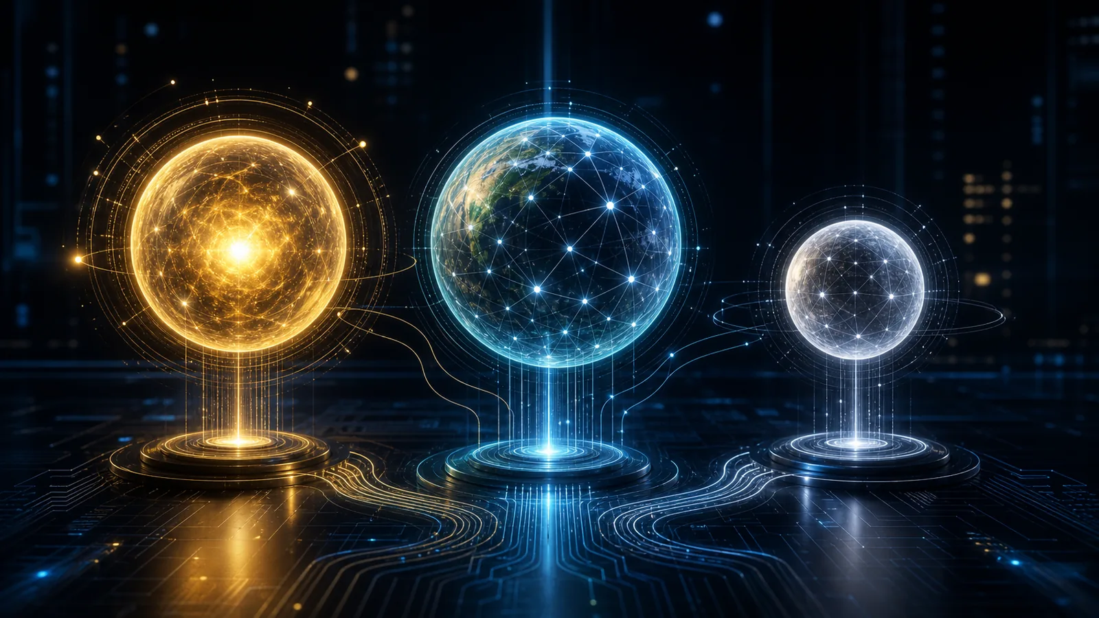 Ilustración editorial de tres variantes de un modelo avanzado de inteligencia artificial