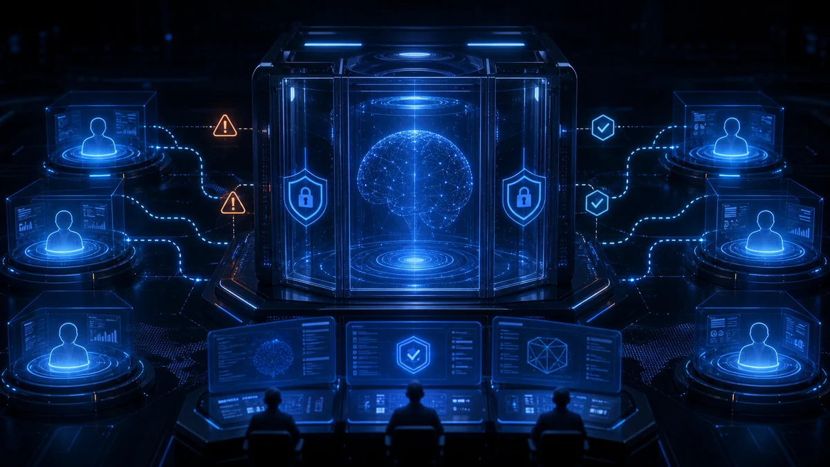 Ilustración de una vista previa controlada de modelos avanzados de IA con controles de seguridad