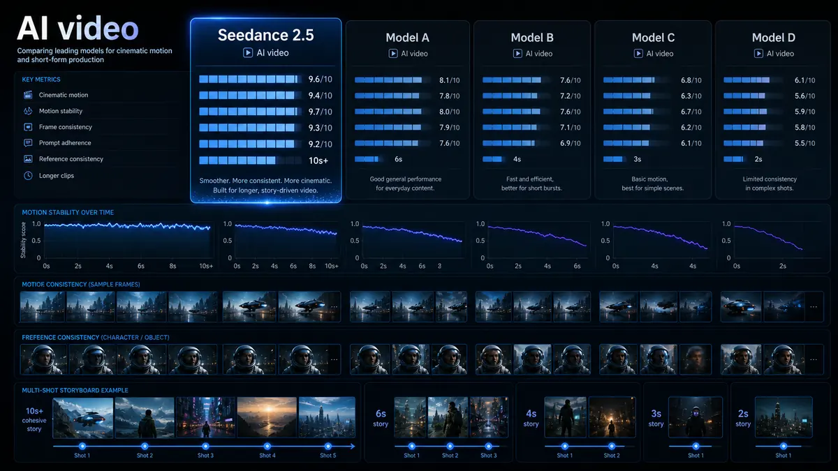 Infografía comparativa sobre Seedance 2.5 frente a otros modelos de vídeo IA.