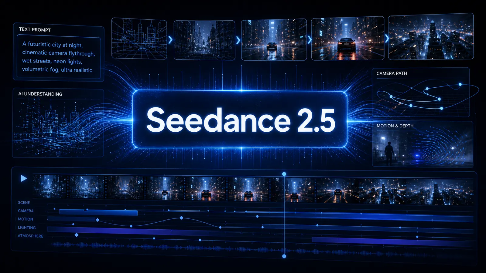 Ilustración editorial sobre Seedance 2.5 y la generación de vídeo con IA de ByteDance.