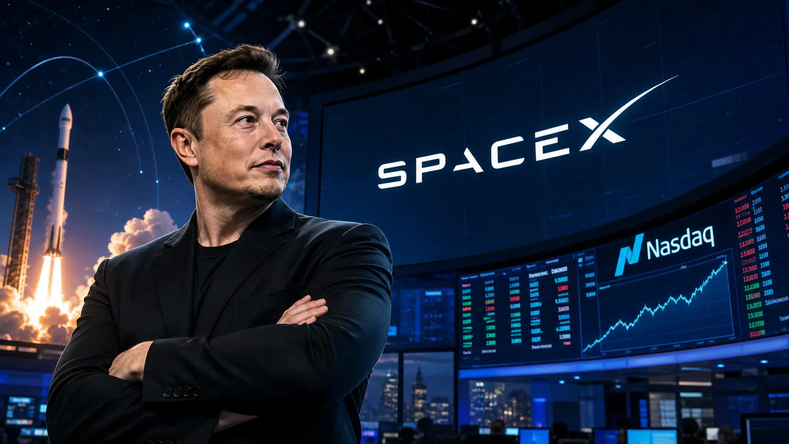 Ilustración editorial sobre la salida a bolsa de SpaceX y su impacto en los mercados tecnológicos.