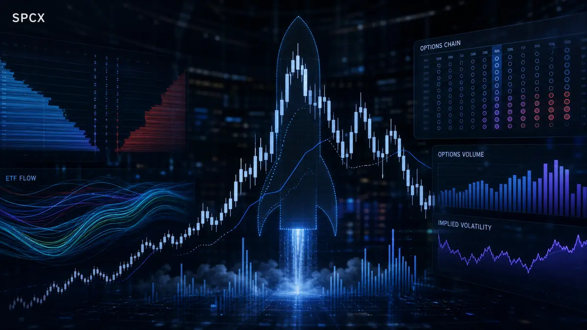 Ilustración financiera sobre volatilidad, opciones y productos cotizados vinculados a SpaceX.