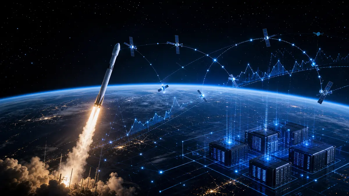 Ilustración sobre cohetes, satélites Starlink e infraestructura de inteligencia artificial.