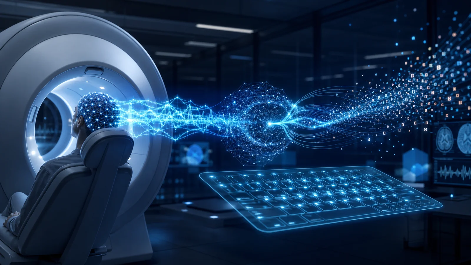 Ilustración editorial de señales cerebrales no invasivas convertidas en texto mediante inteligencia artificial