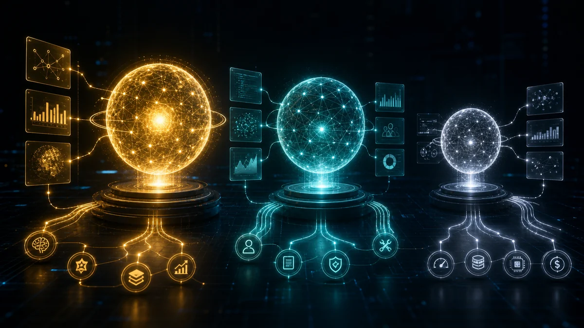 Ilustración de tres variantes de modelo de IA con distintos niveles de capacidad