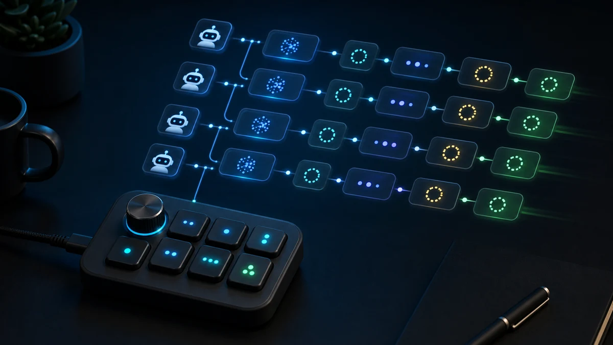 Ilustración de varios agentes de Codex controlados desde un teclado físico compacto