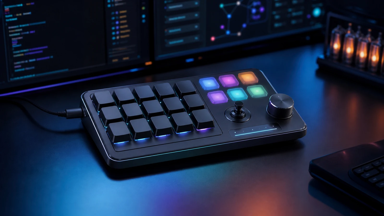 Ilustración editorial de Codex Micro como teclado físico para controlar agentes de programación de IA