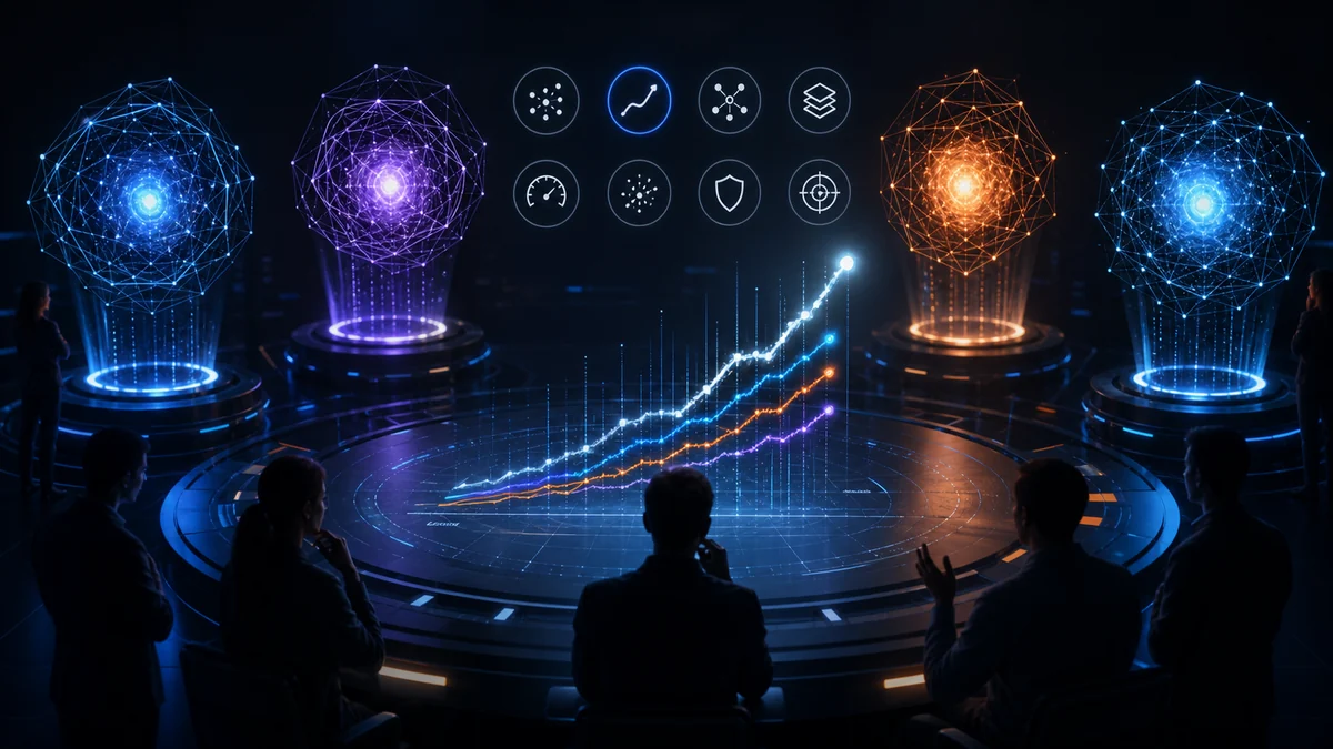 Ilustración de analistas comparando modelos frontera de inteligencia artificial