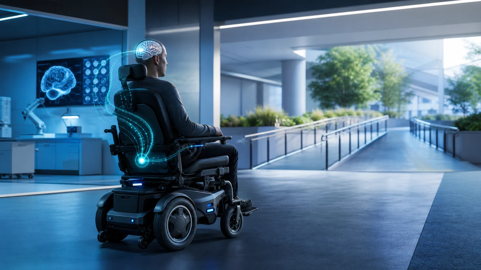 Persona controlando una silla de ruedas eléctrica mediante una interfaz cerebro-ordenador