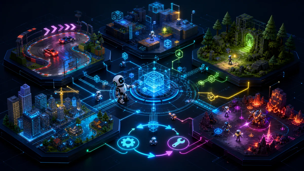 Varios géneros de videojuegos conectados a un ciclo de creación y pruebas con agentes de IA