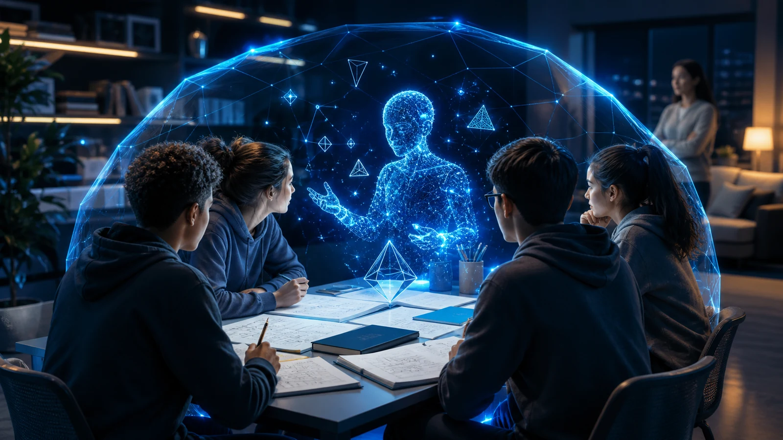 Adolescentes estudiando con un asistente de inteligencia artificial protegido