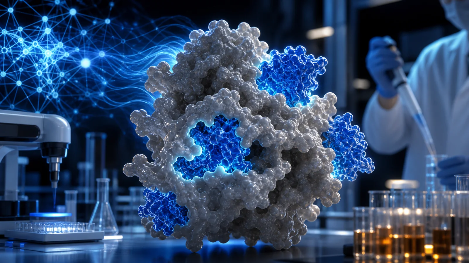 Proteínas de unión diseñadas por inteligencia artificial acoplándose a una proteína objetivo