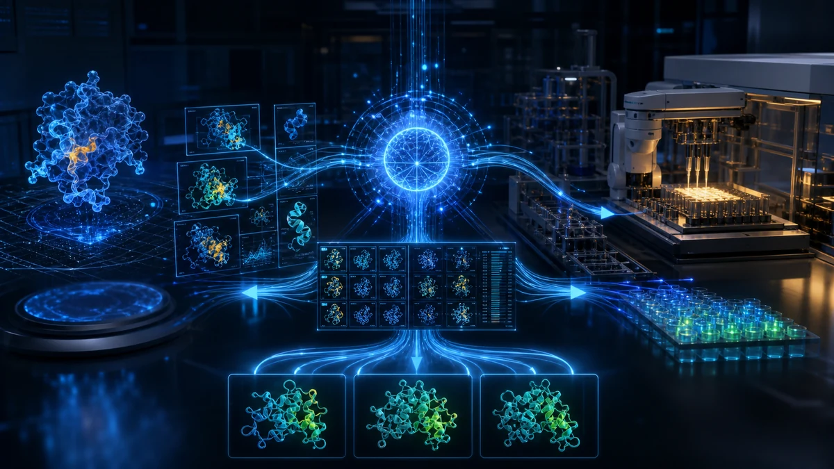 Agente de IA coordinando simulación, selección y validación de proteínas en laboratorio