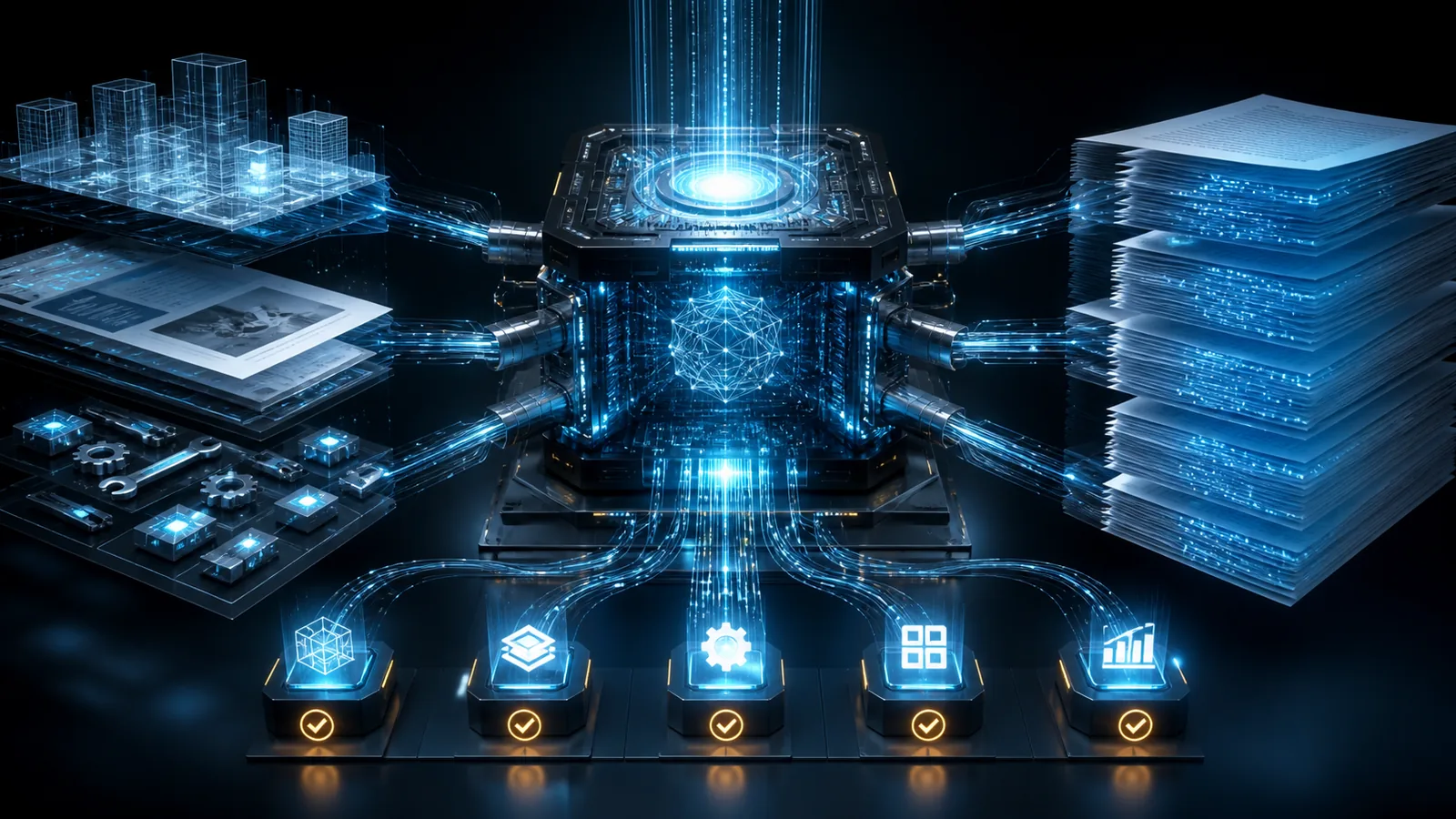 Motor de inteligencia artificial procesando código aplicaciones y documentos en paralelo
