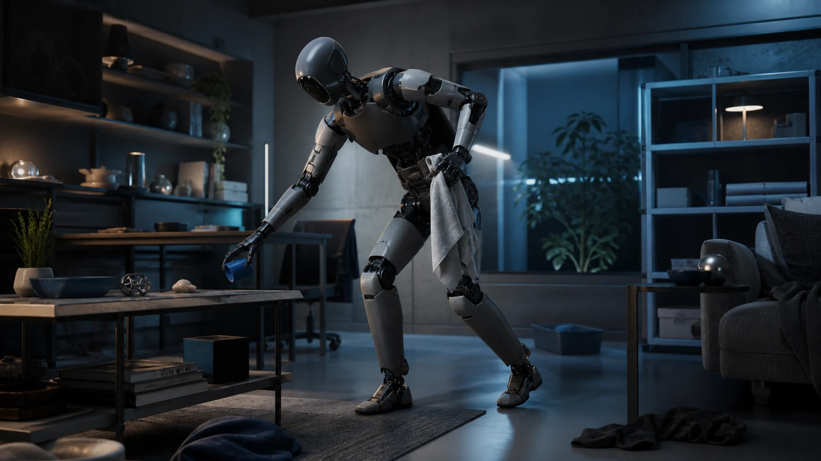 Robot humanoide coordinando todo su cuerpo para ordenar objetos en una habitación