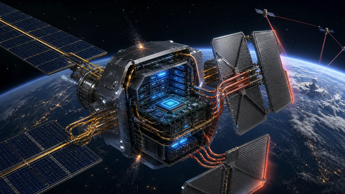 Sistema orbital de IA con paneles solares, radiadores y enlaces láser