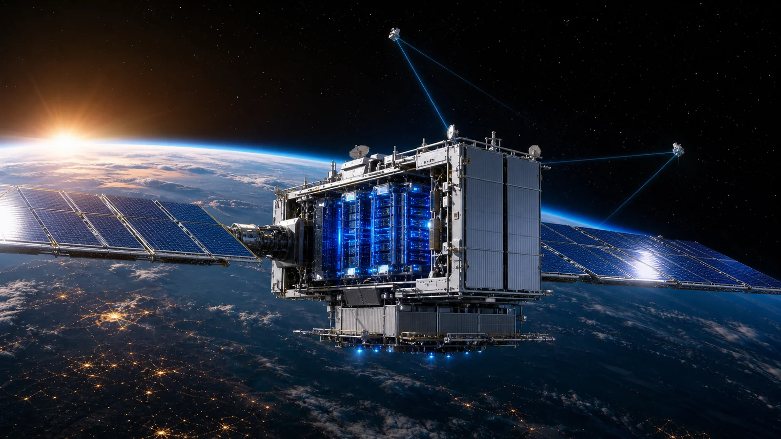 Centro de datos orbital con paneles solares y computación de inteligencia artificial