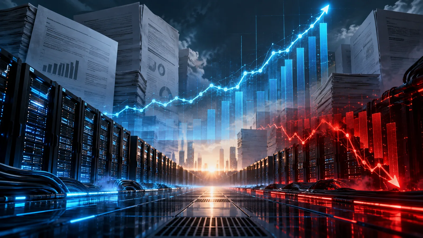 Folleto financiero rodeado de centros de datos y gráficos que reflejan el crecimiento y las pérdidas de Anthropic