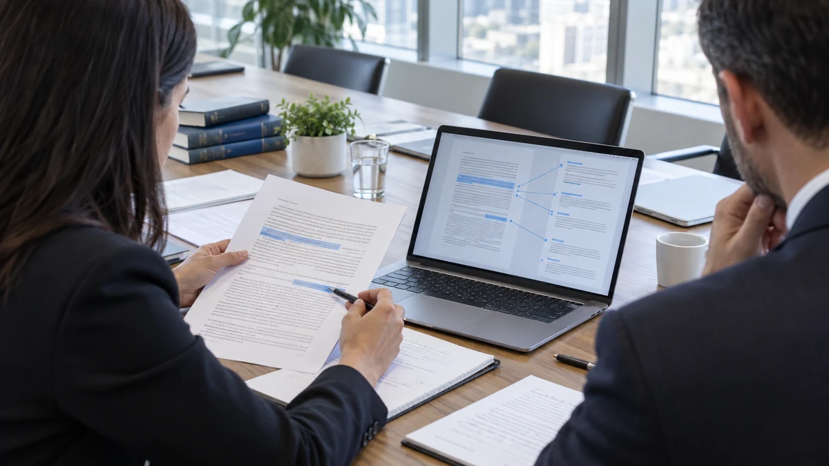 Abogados revisando documentos y referencias propuestas por una IA