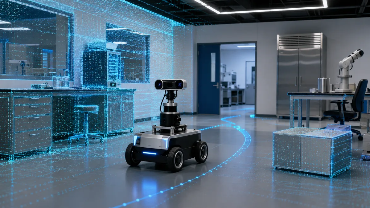 Ilustración conceptual de un robot recorriendo un laboratorio con una representación espacial de sus alrededores