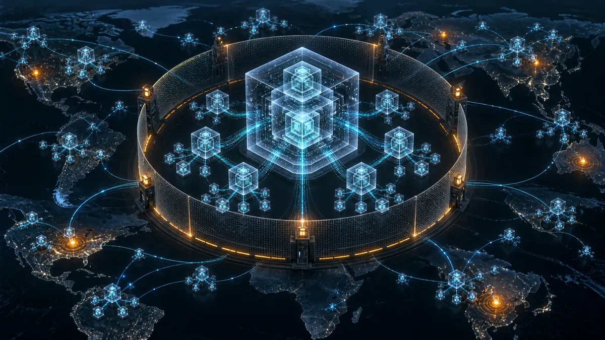 Ilustración conceptual de sistemas de inteligencia artificial que se replican dentro de una red global vigilada