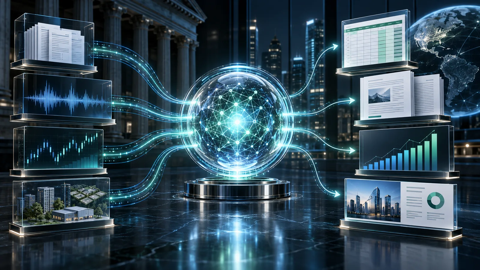 Ilustración conceptual de una inteligencia artificial que convierte datos financieros en modelos, informes y presentaciones