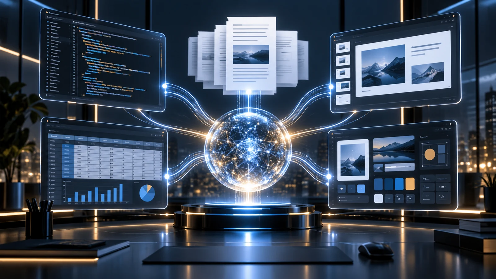 Modelo de inteligencia artificial coordinando código, documentos, presentaciones, hojas de cálculo y diseño