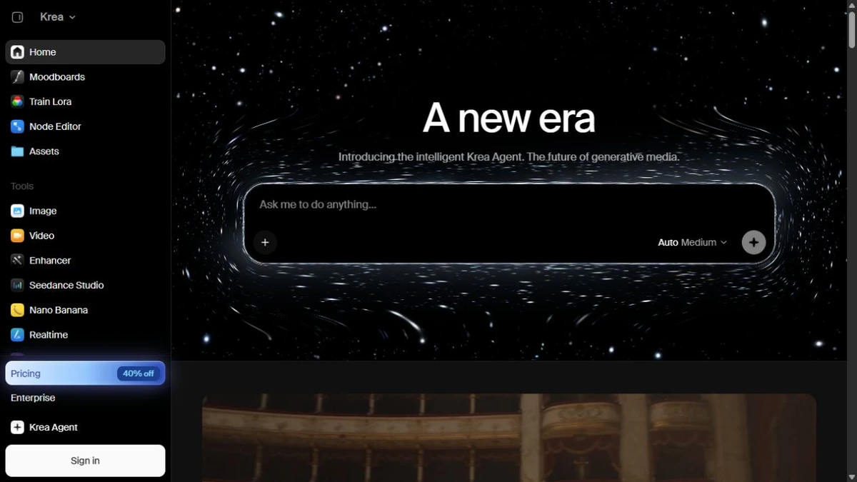 Captura real de Krea con acceso a herramientas de imagen, vídeo, edición y flujos creativos