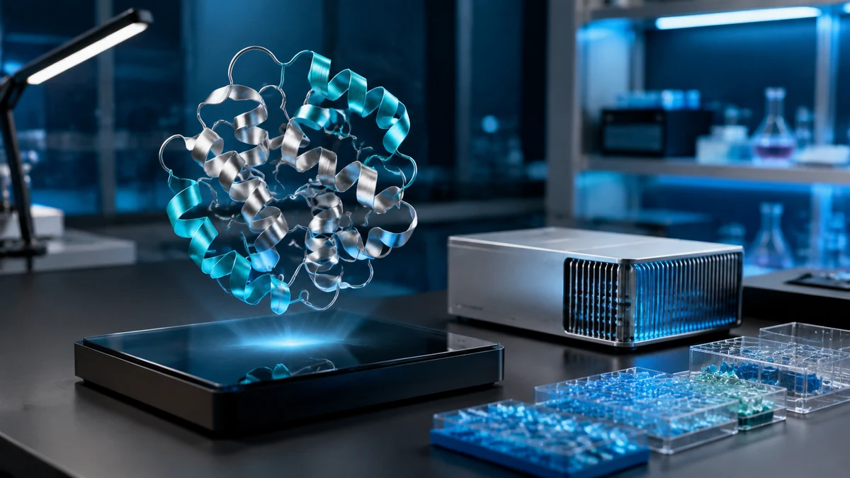 Representación conceptual de una estructura proteica junto a equipos de computación en un laboratorio