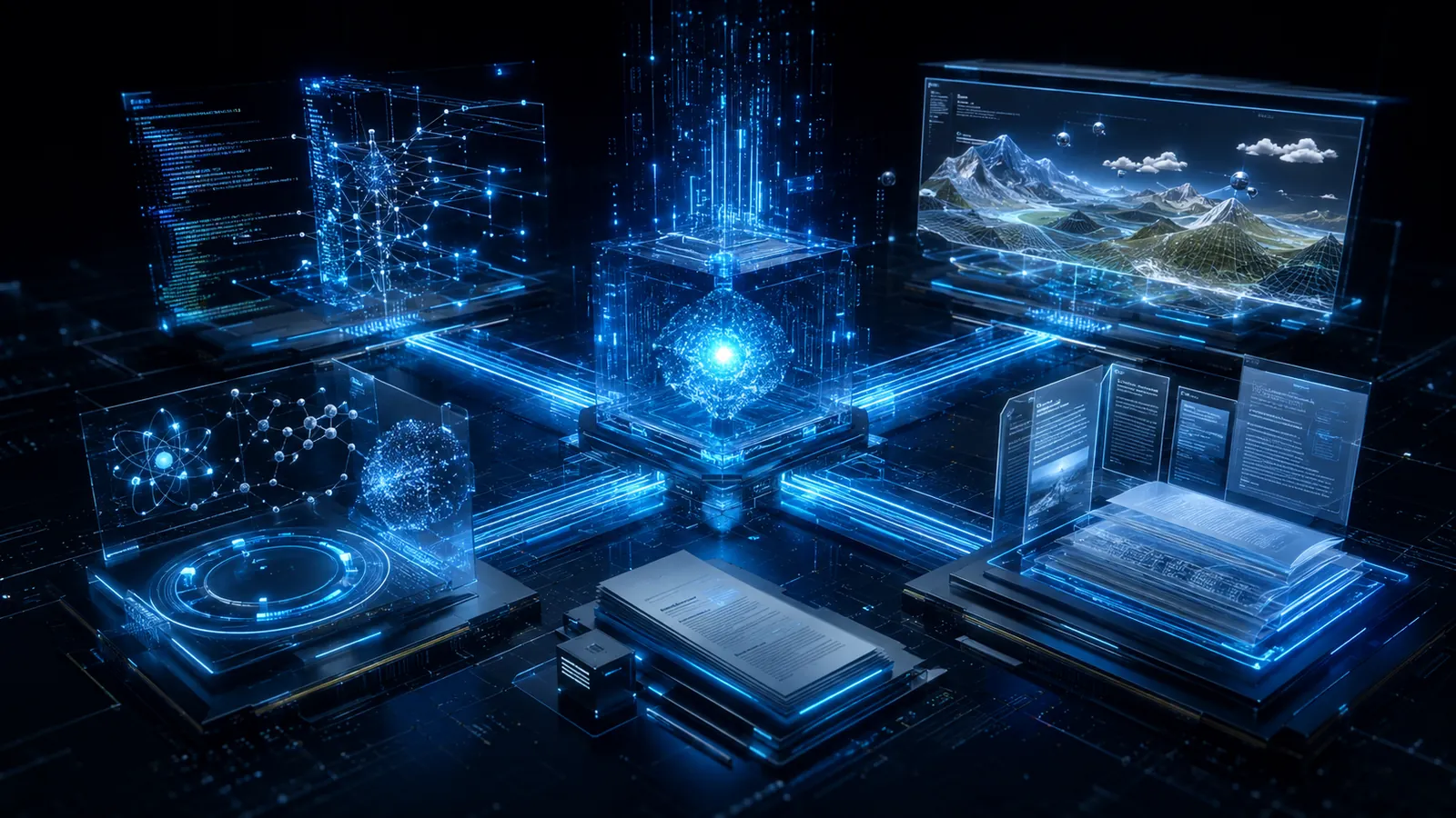 Ilustración conceptual de una inteligencia artificial coordinando programación, investigación, documentos y entornos tridimensionales
