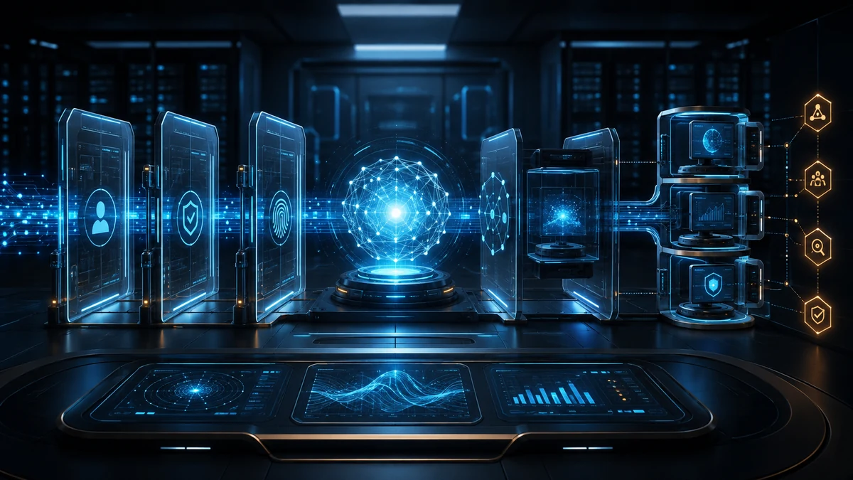 Ilustración conceptual de controles de autorización y supervisión alrededor de un sistema de inteligencia artificial