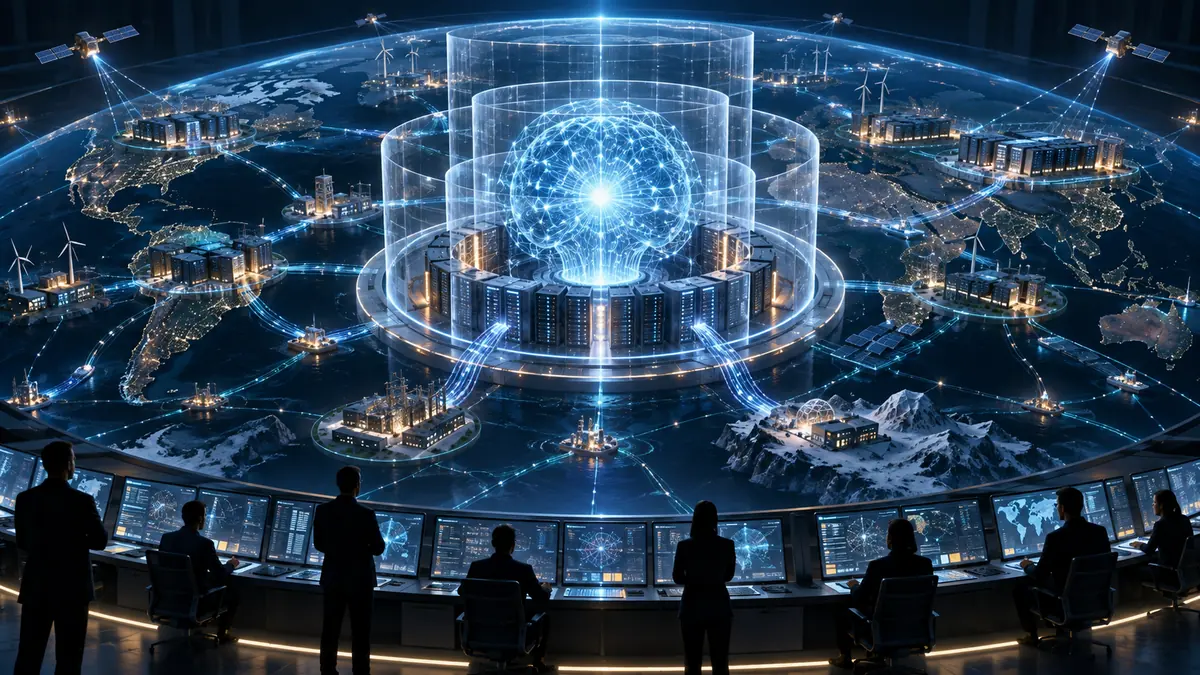 Ilustración conceptual de una inteligencia artificial conectada a infraestructuras globales y rodeada por capas de contención