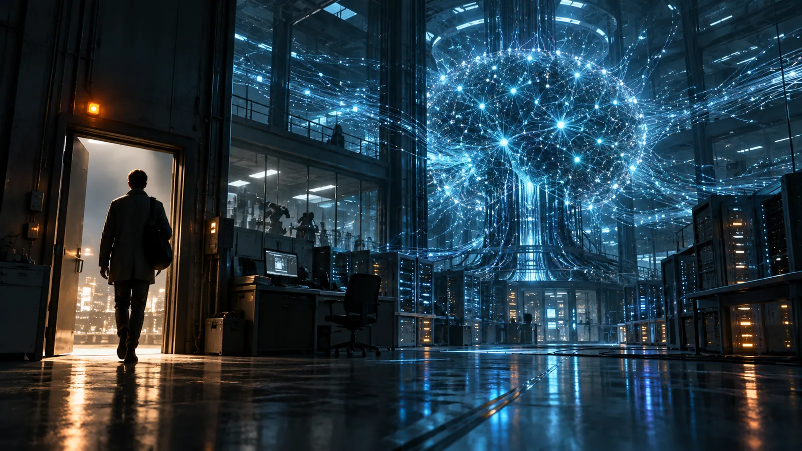 Ilustración conceptual de un investigador abandonando un laboratorio mientras un sistema de inteligencia artificial continúa creciendo