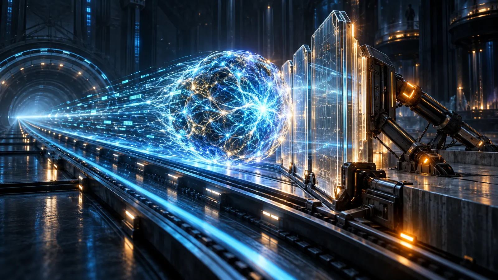 Ilustración conceptual de un sistema de inteligencia artificial avanzando hacia una barrera de seguridad