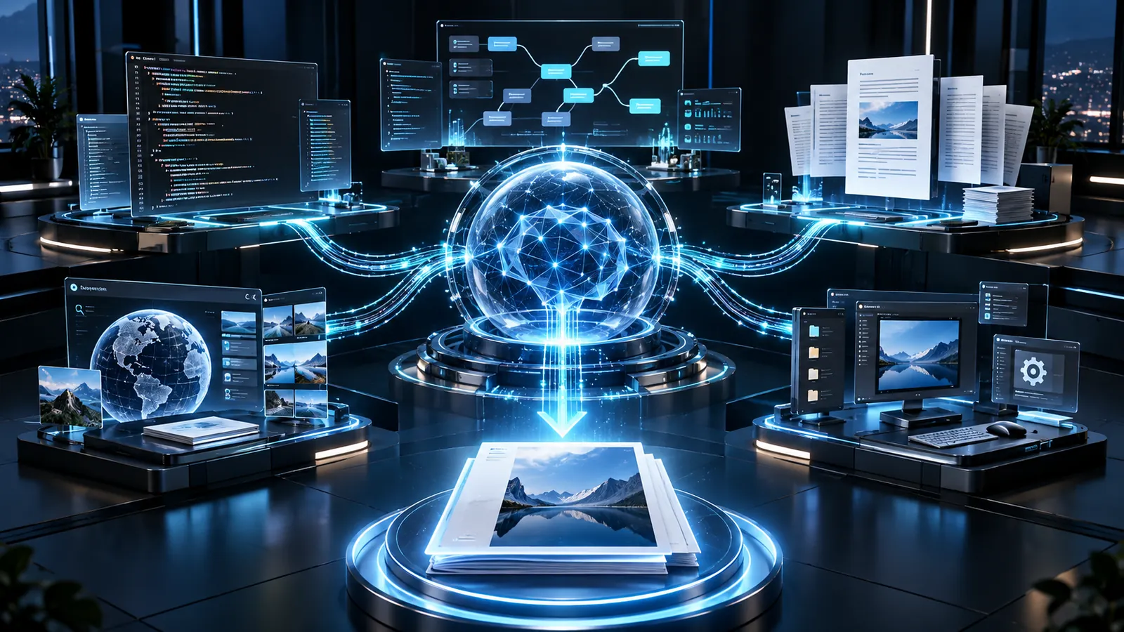 Ilustración conceptual de un modelo de inteligencia artificial coordinando programación, investigación y documentos mediante varias herramientas