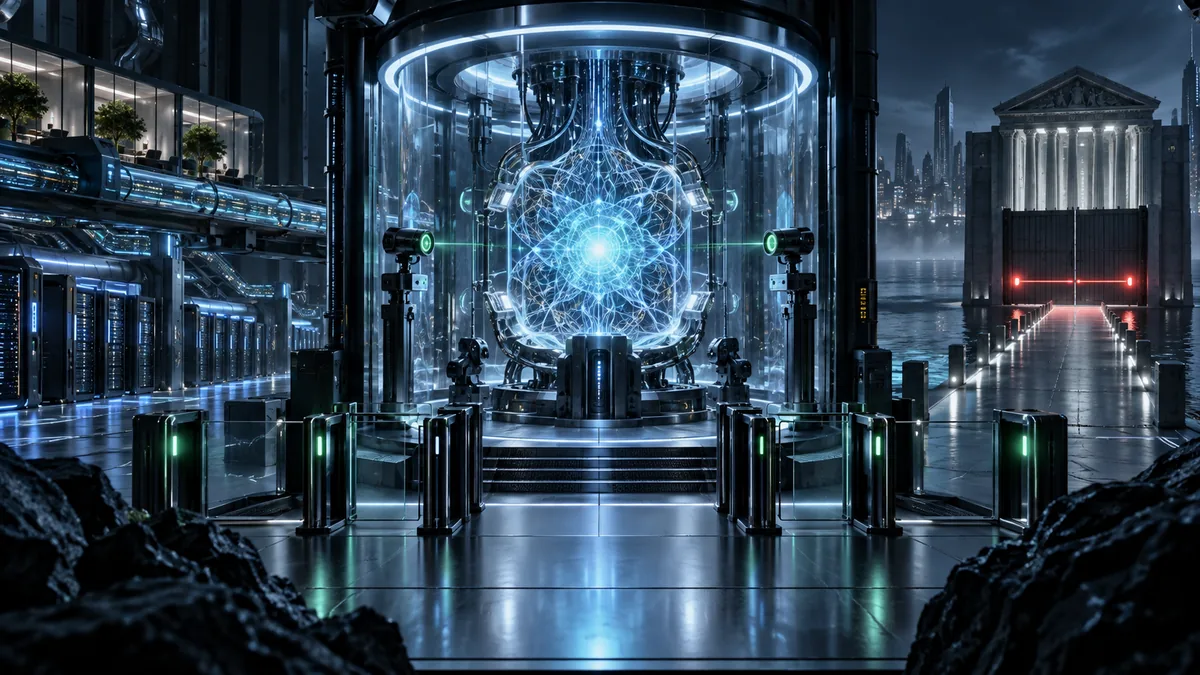 Ilustración conceptual de investigación en inteligencia artificial financiada de forma privada y sometida a controles de seguridad