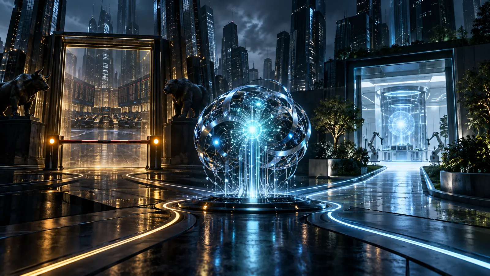 Ilustración conceptual de una empresa de inteligencia artificial que aplaza su acceso al mercado bursátil
