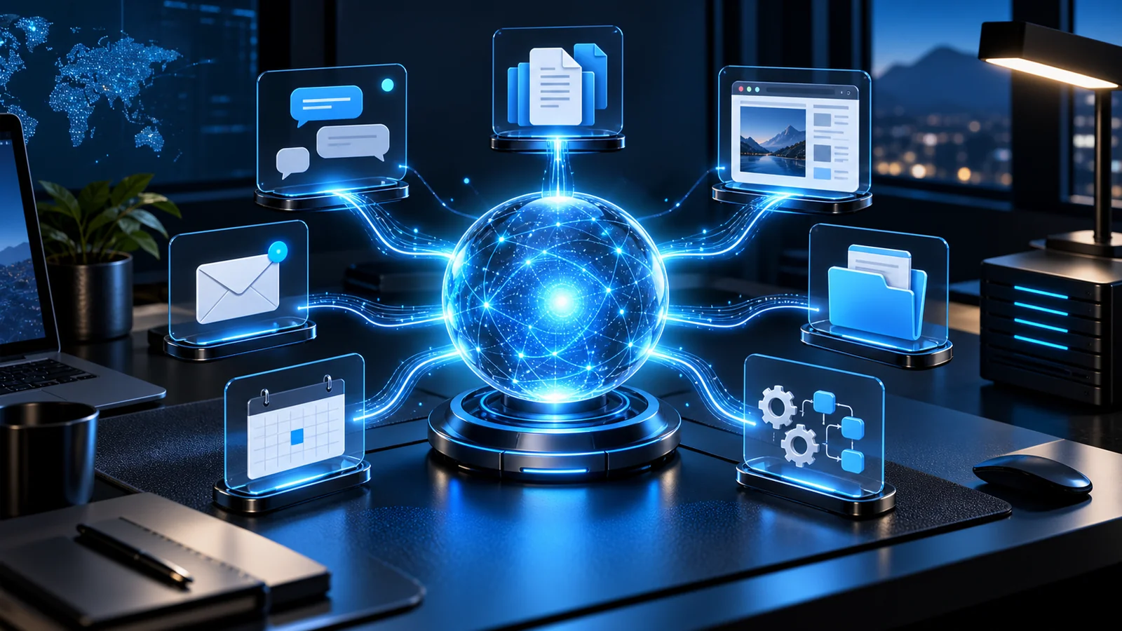 Ilustración conceptual de un agente de inteligencia artificial coordinando mensajes, documentos, navegación y automatizaciones desde un ordenador