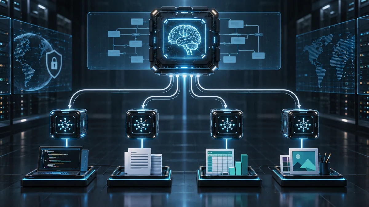 Un modelo avanzado planifica y delega tareas de código, documentación, datos y diseño a varios agentes rápidos