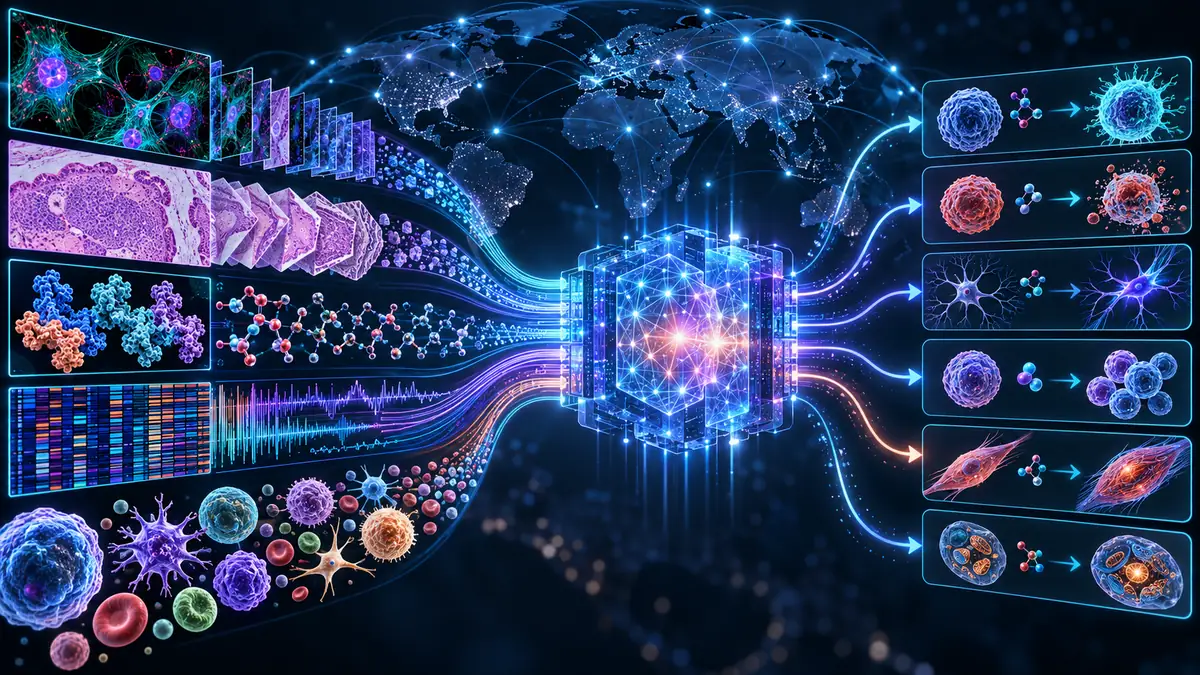 Datos de microscopía, tejidos, proteínas y actividad genética alimentando un modelo predictivo de células