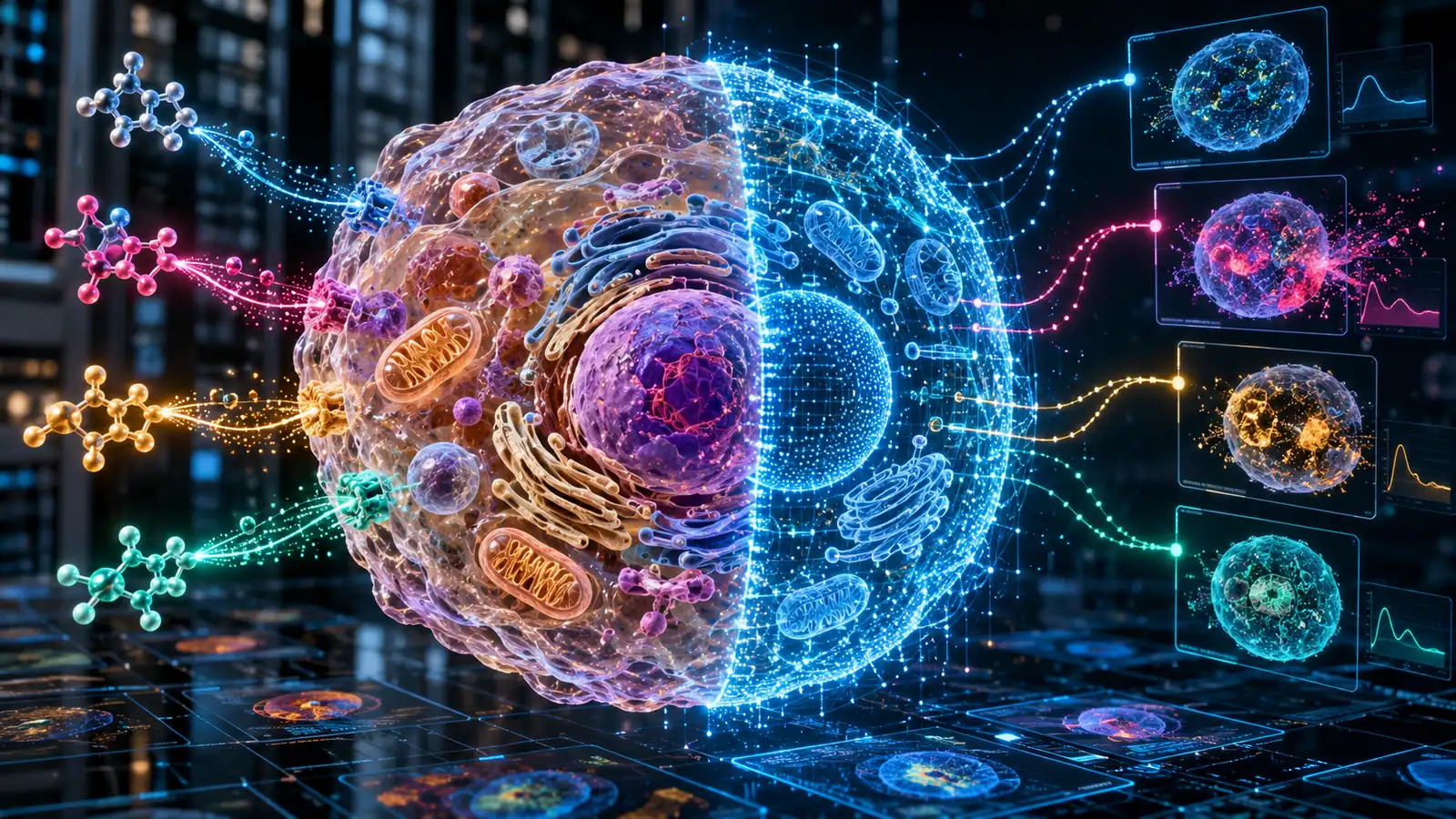 Célula humana junto a su gemelo digital creado por inteligencia artificial para simular respuestas a moléculas
