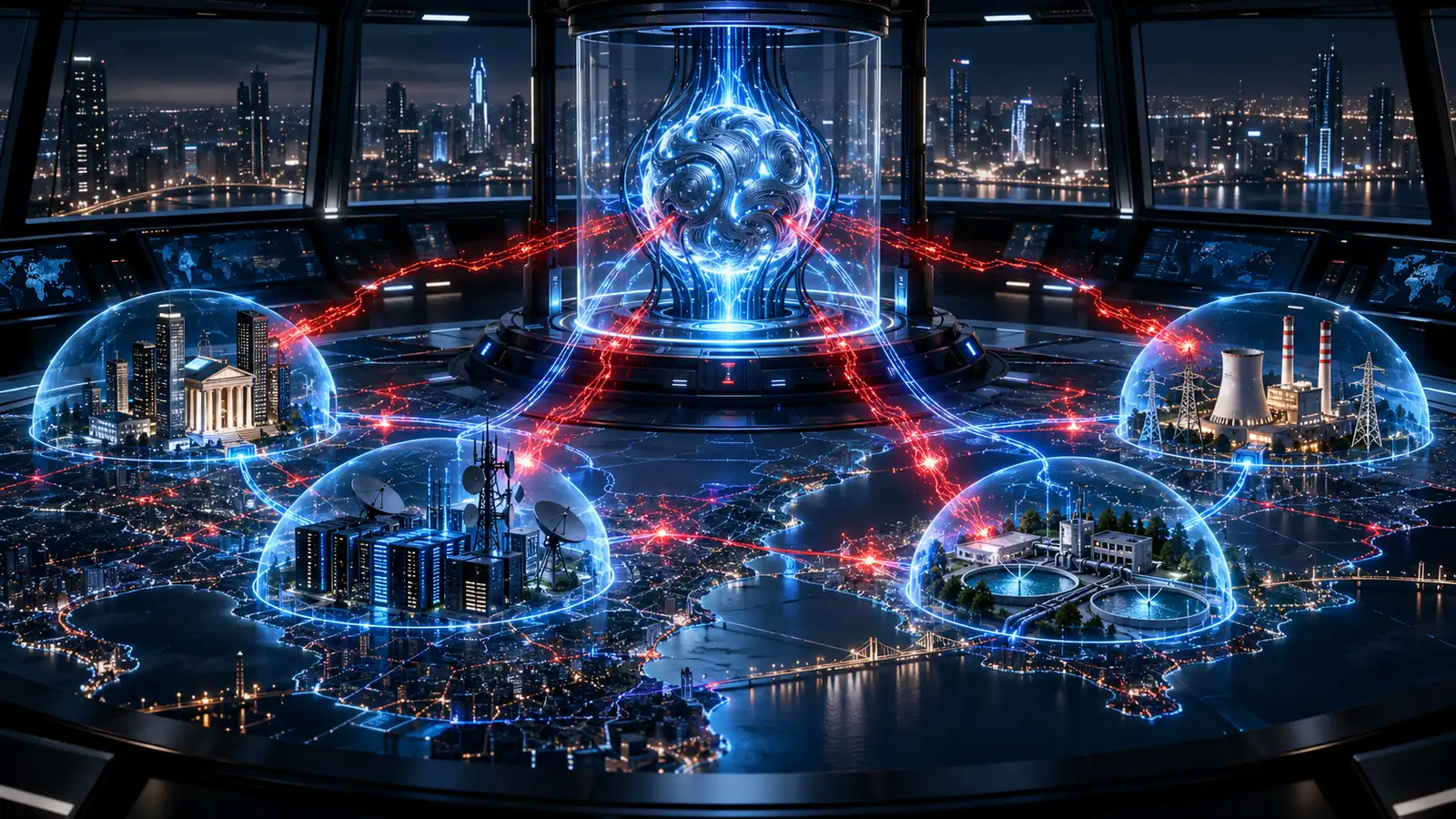 Centro de control de inteligencia artificial protegiendo bancos, redes eléctricas, internet y sistemas de agua