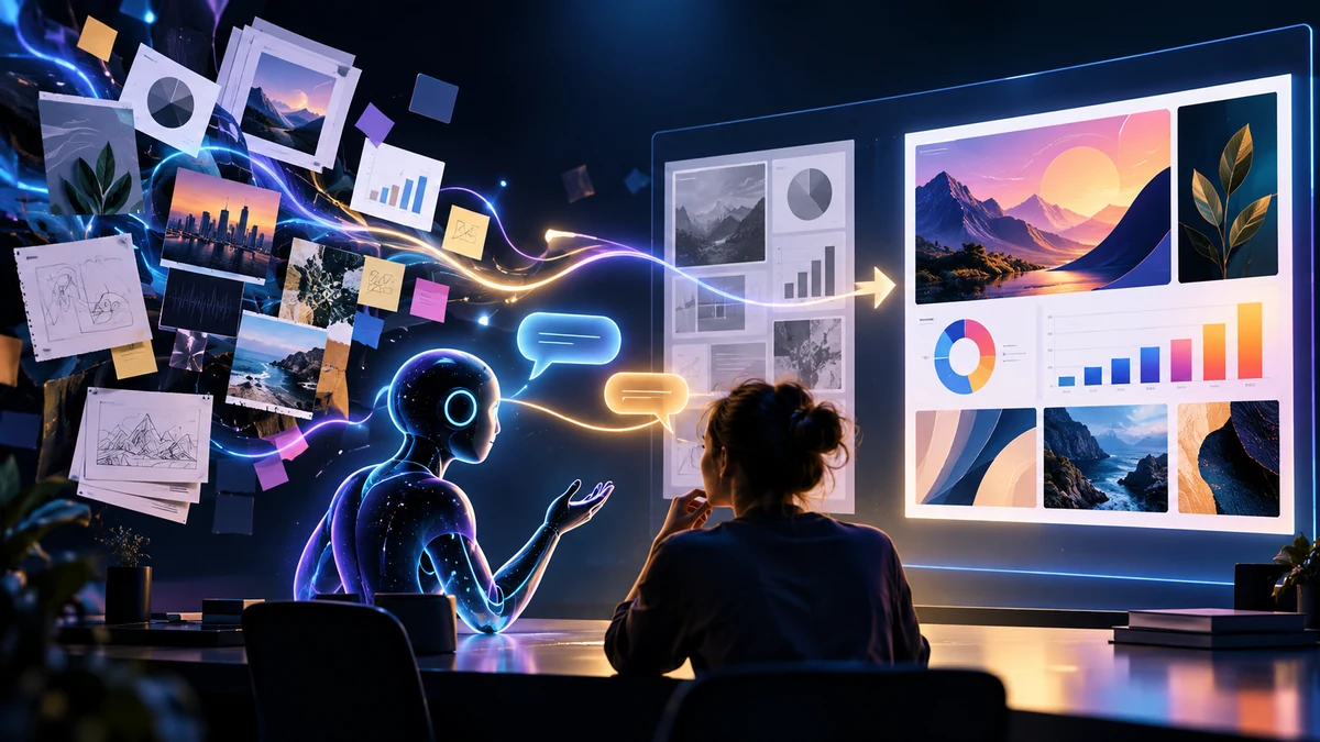 Persona y agente de inteligencia artificial refinando materiales y gráficos en un lienzo visual editable