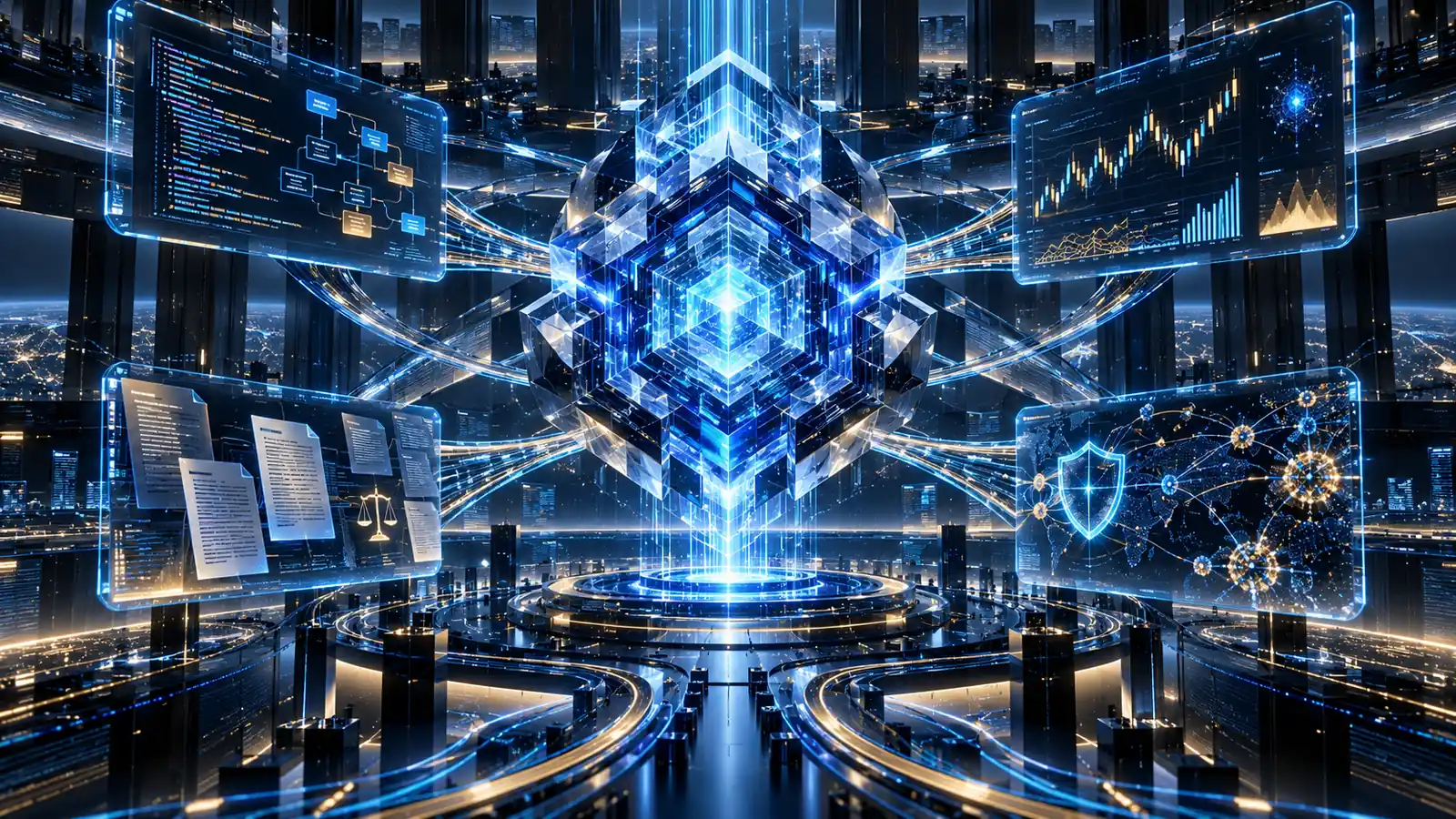 Núcleo avanzado de inteligencia artificial coordinando programación, finanzas, documentos legales y ciberseguridad