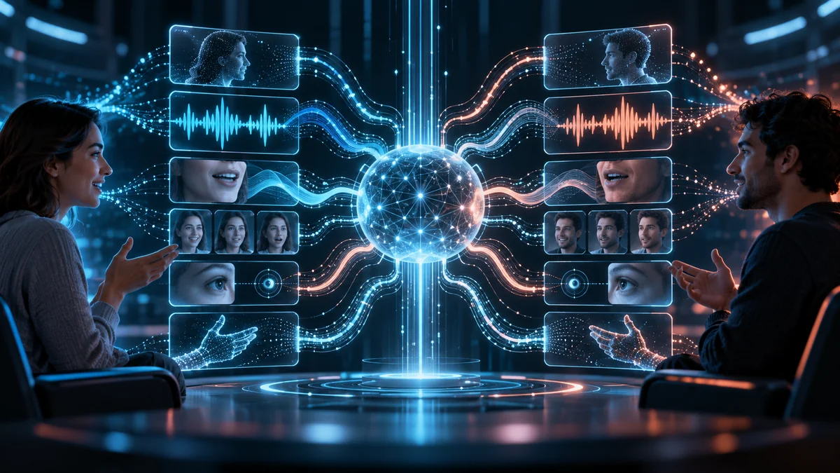 Sistema de inteligencia artificial procesando simultáneamente voz, vídeo, mirada, expresiones y gestos durante una conversación